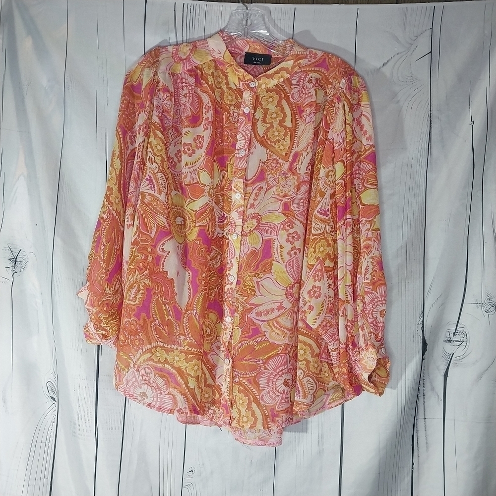 Vici Collection Maggie Floral Chiffon Button Up Hippie Retro 70’s Shirt